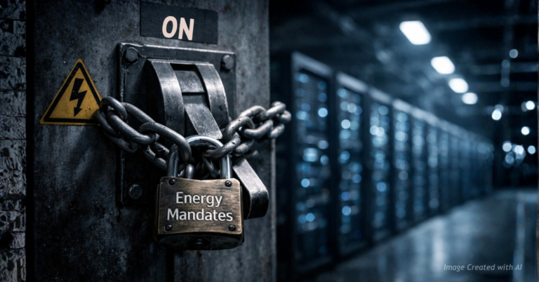 “Locked industrial power breaker symbolizing energy mandates restricting reliable power for Colorado data centers.”