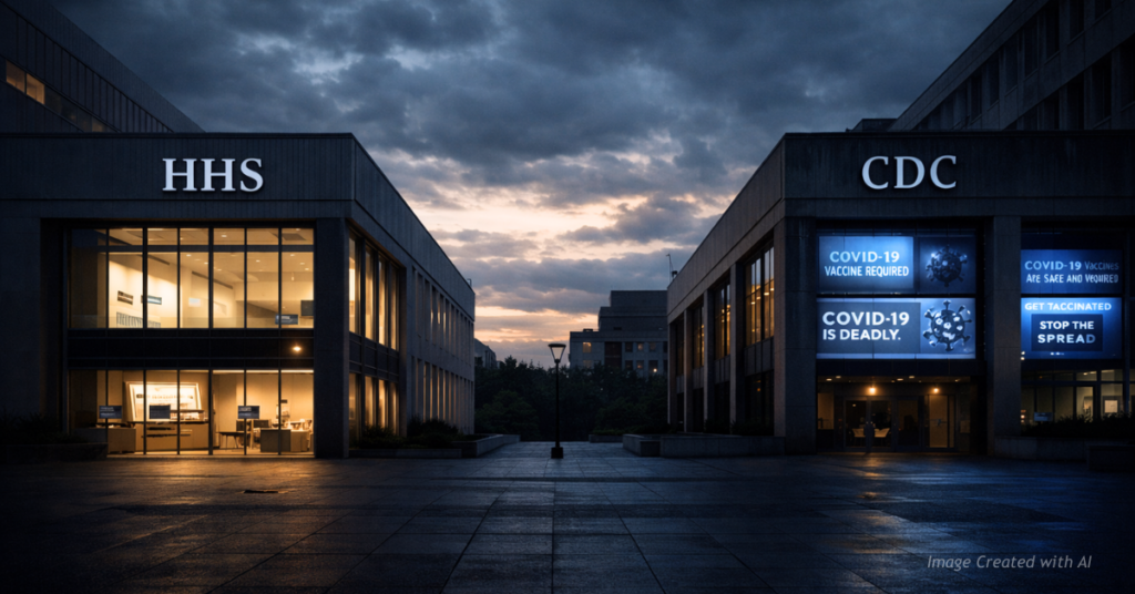 HHS and CDC buildings shown in contrast, symbolizing divided federal messaging on vaccine policy.