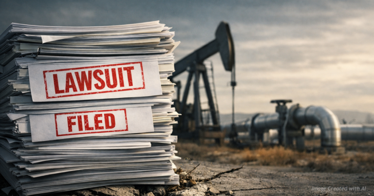 Legal documents stacked in front of oil pumpjack symbolizing climate lawsuits against energy companies.