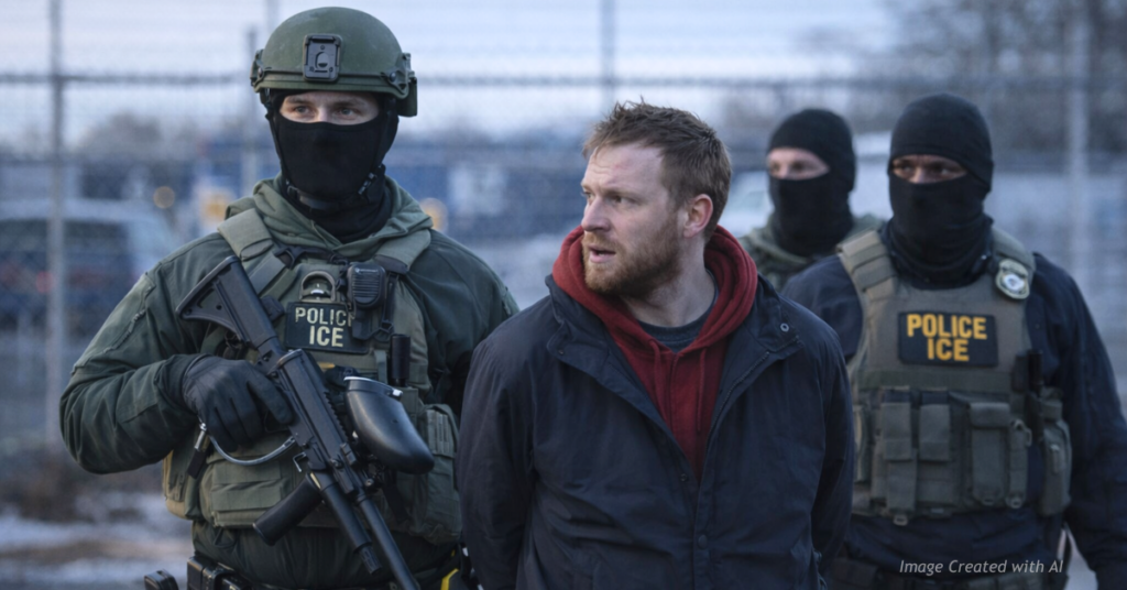 Masked federal immigration agents detain a handcuffed man during an enforcement operation near an industrial facility.