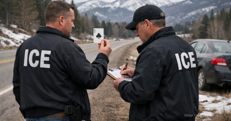 Two ICE detectives examine evidence beside an abandoned vehicle along a rural Eagle County road.