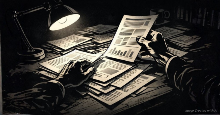 Hands sorting documents under a lamp symbolizing investigative work