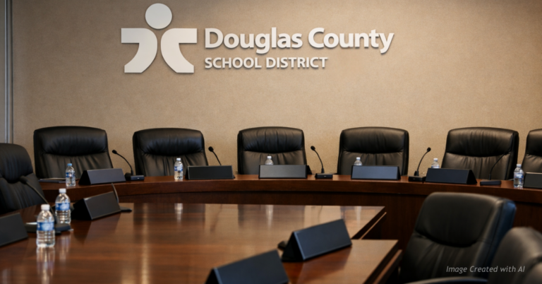 Empty school boardroom with Douglas County School District logo, symbolizing governance and oversight gaps.