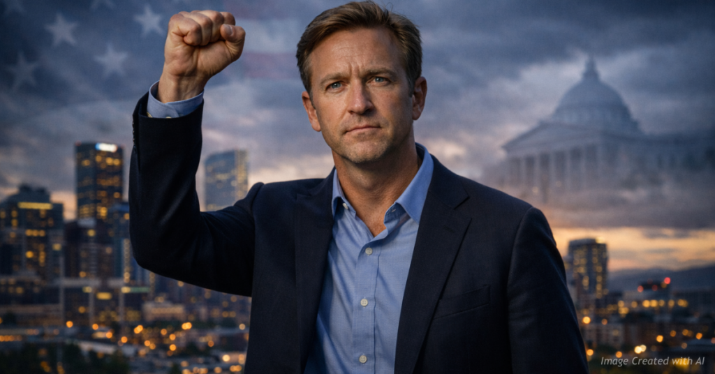 Denver Mayor Mike Johnston stands before the skyline amid rising tensions over federal immigration enforcement.