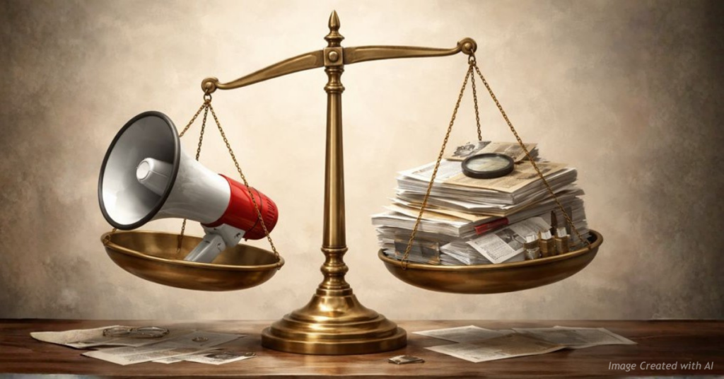 Scales of justice tipped by a megaphone overpowering evidence