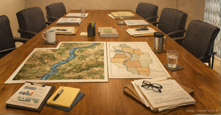 Maps and documents on a meeting table representing local collaboration on land management