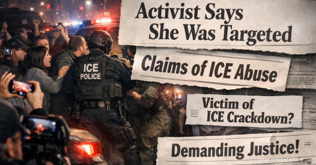 Oversized media headlines obscure a chaotic ICE enforcement scene as officers face obstruction from protesters.