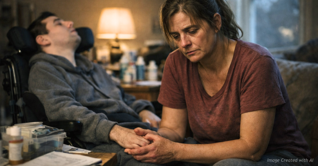Emotionally exhausted caregiver supports a disabled adult at home amid Colorado Medicaid payment cuts.