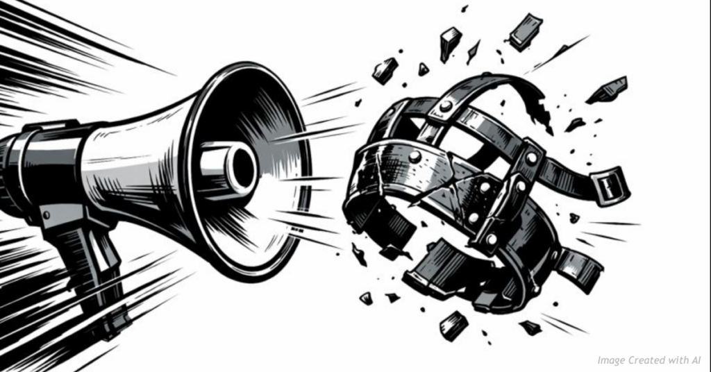 A broken muzzle falling away from a voice