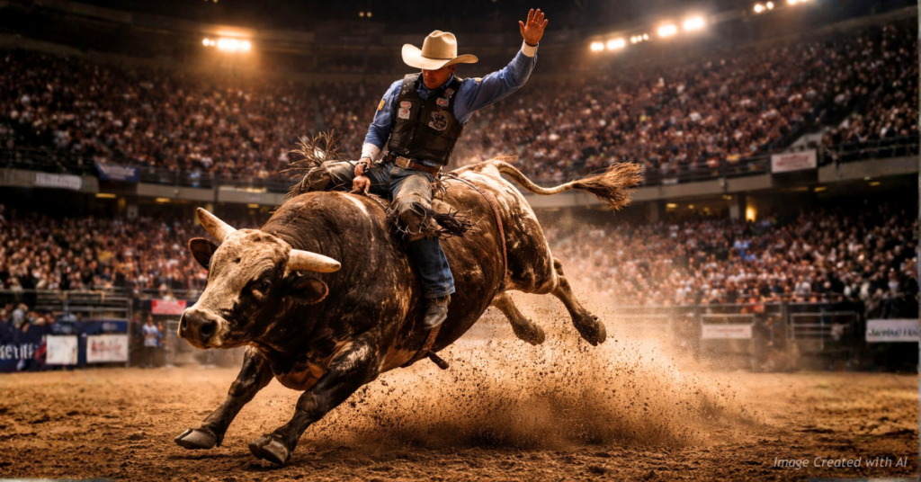 Bull rider in action at the National Western Stock Show inside a packed Denver Coliseum arena