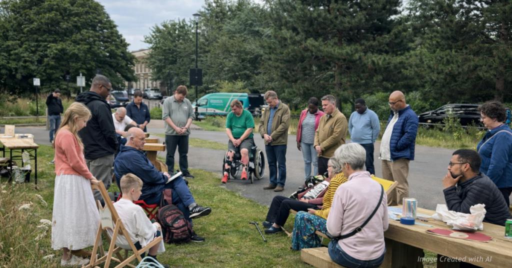 Church members gather peacefully for prayer and community outreach in a public park in Northglenn.