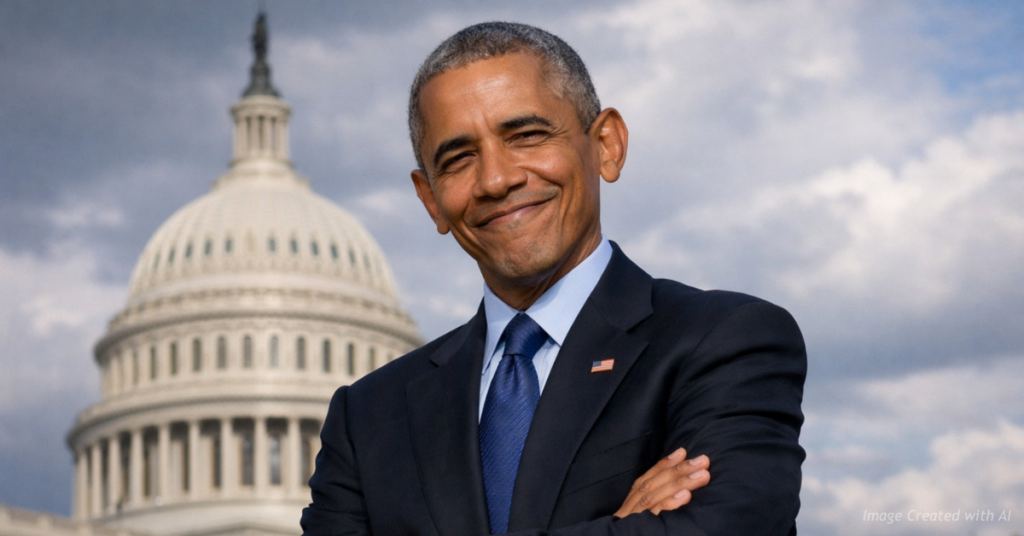 Former President Barack Obama stands before the U.S. Capitol with arms crossed and a confident smirk.