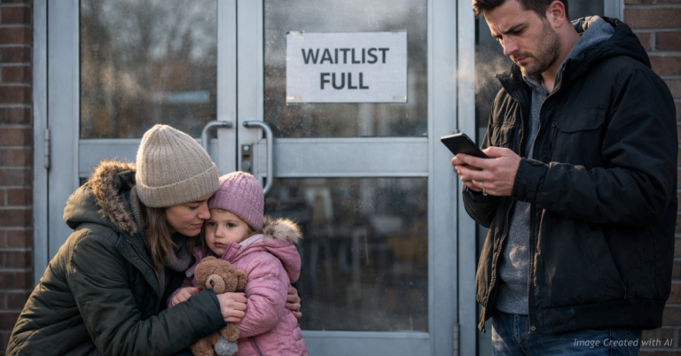 Parents wait with their child outside a closed Colorado daycare as long waitlists strain families statewide.