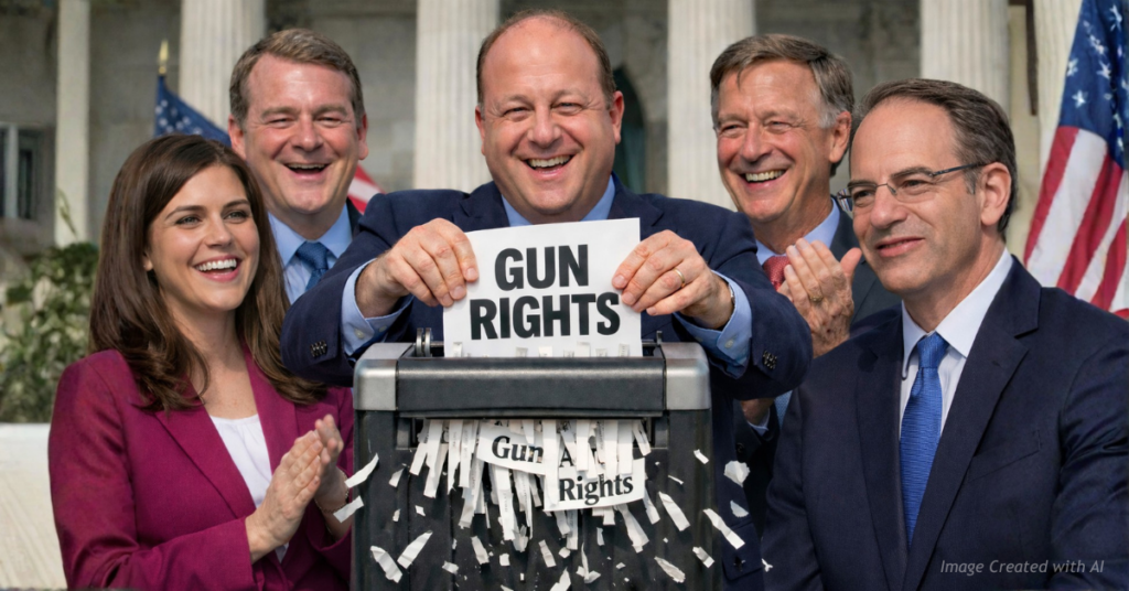 Illustration showing Jared Polis shredding a document labeled Gun Rights as Colorado leaders look on.