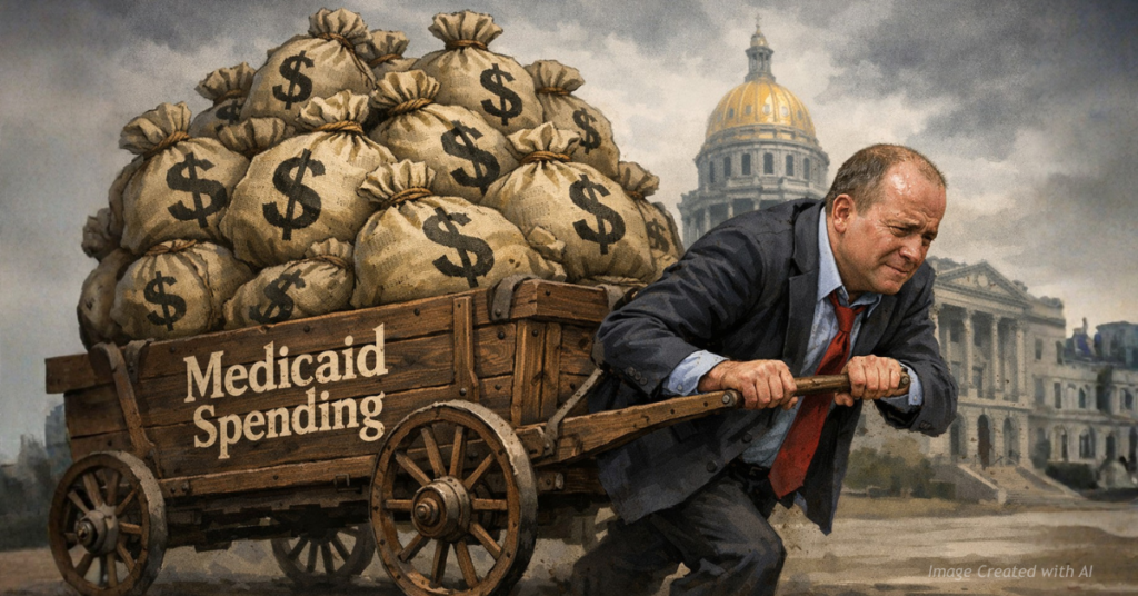 Gov. Jared Polis struggles to pull a wagon labeled Medicaid Spending in front of the Colorado State Capitol.