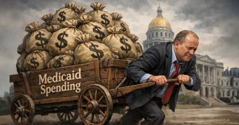 Gov. Jared Polis struggles to pull a wagon labeled Medicaid Spending in front of the Colorado State Capitol.