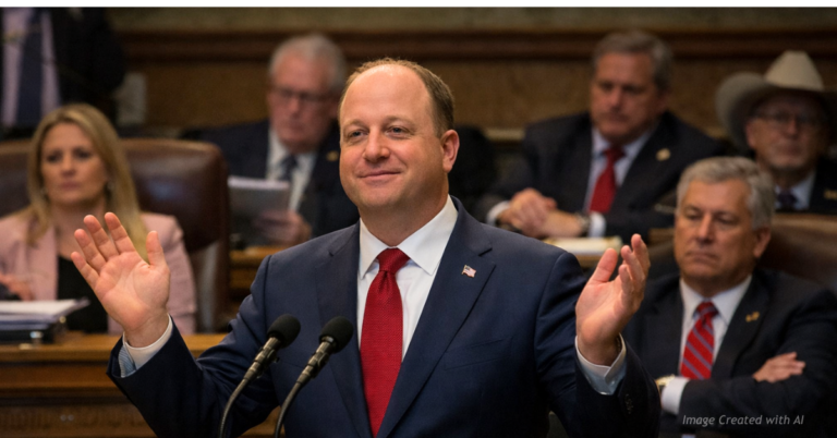 Gov. Jared Polis gestures confidently at the podium as lawmakers behind him react quietly during his final State of the State address.