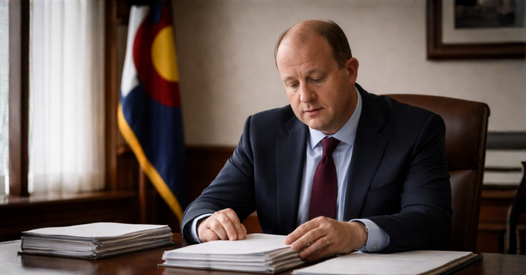 “Gov. Jared Polis reviews official documents in a quiet office as he weighs clemency decisions in his final year.”