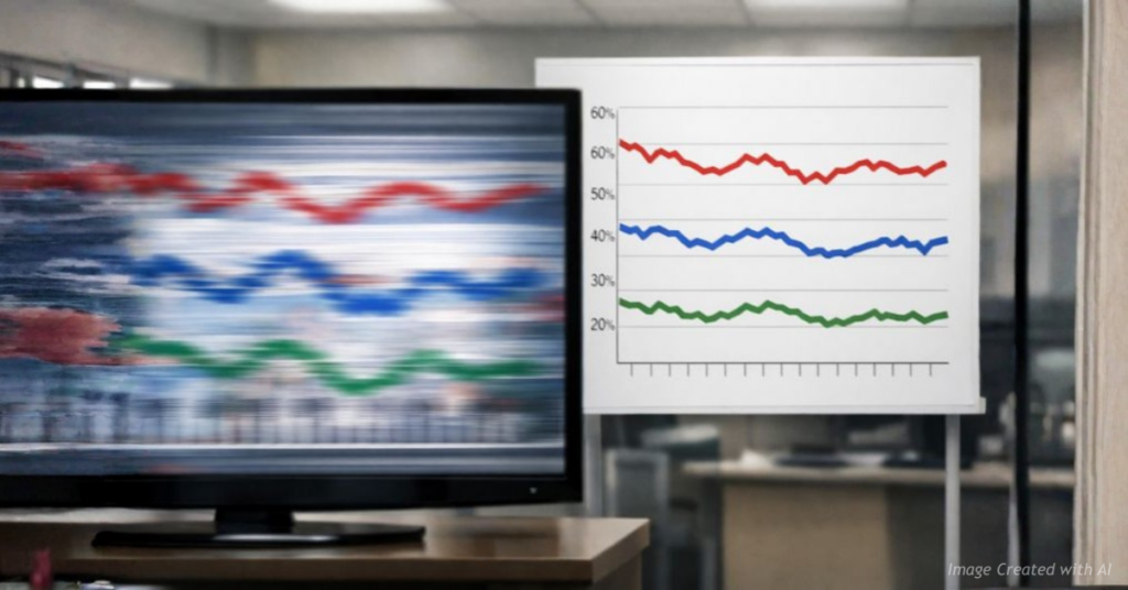 A blurred television screen beside a clear polling chart, symbolizing the gap between media coverage and public opinion
