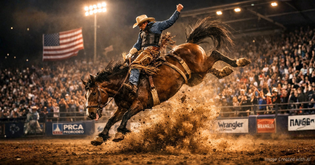 Professional bronc rider explodes into action mid-ride in a packed PRCA arena under bright stadium lights