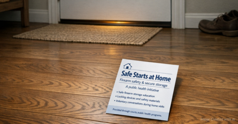 Closed door and safety brochure symbolizing choice and privacy in gun safety