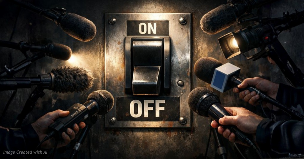 Media microphones pointed at a power shutoff switch symbolizing coverage focus