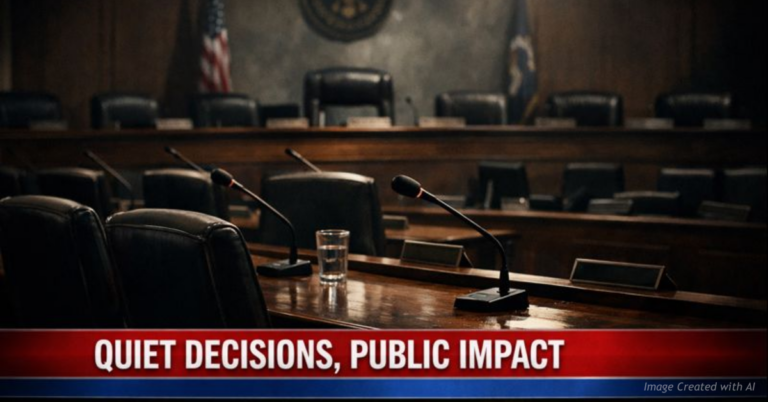 Empty legislative hearing room symbolizing quiet but consequential PUC decisions