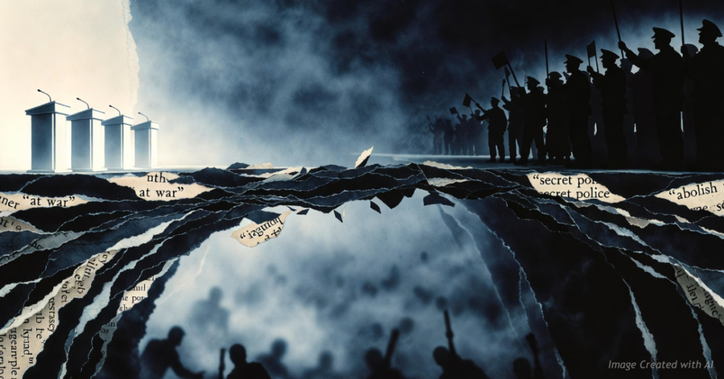 Fragile quote-bridge tearing over chasm between debate and conflict, metaphor for rhetoric's role in escalating divides.