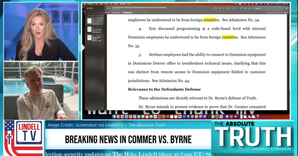 Emerald Robinson and Patrick Byrne discuss sworn court admissions by Eric Coomer on The Absolute Truth