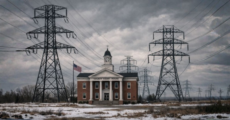 Rural courthouse overshadowed by power lines symbolizing counties bearing state energy consequences