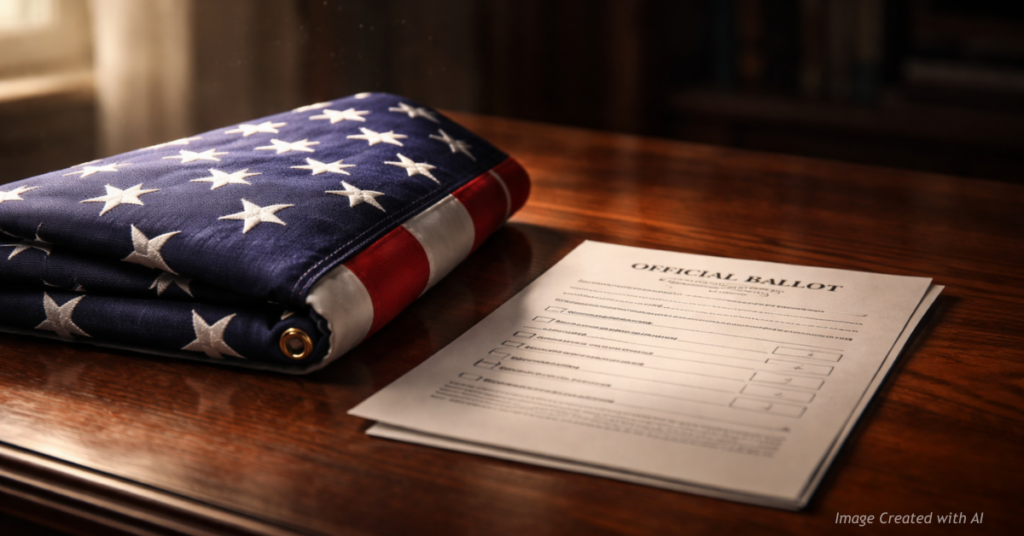 Folded American flag beside an official ballot in cinematic lighting symbolizing election integrity and lawful voting