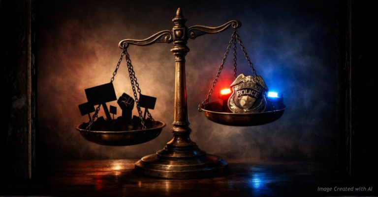 Tilted scales of justice symbolizing unequal judgment of police shootings