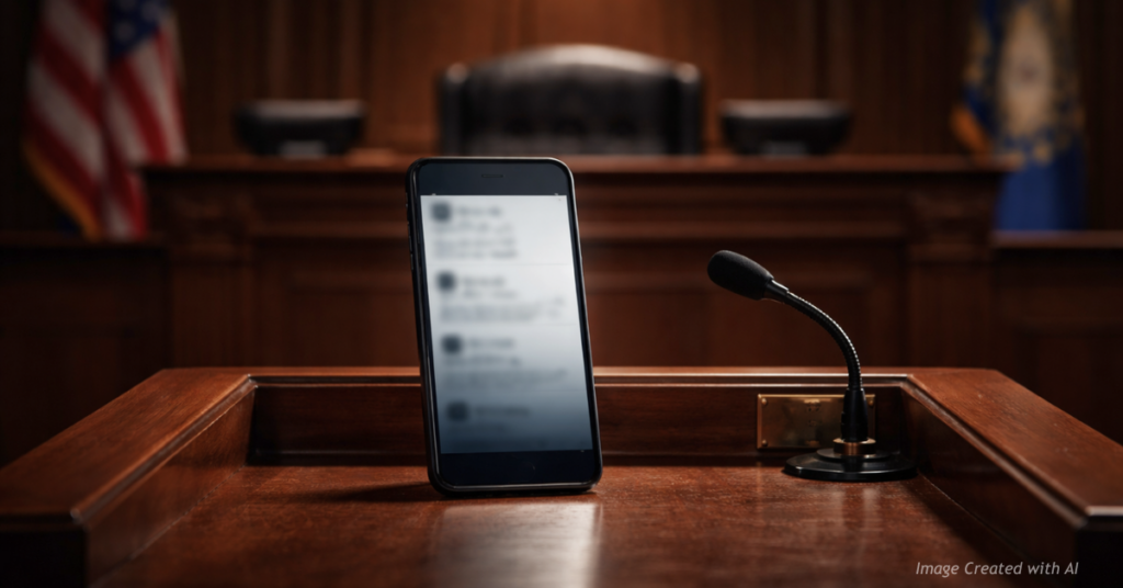 Smartphone on courtroom witness stand symbolizing Supreme Court scrutiny of private social media speech.