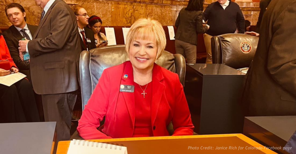 Colorado Sen. Janice Rich seated at her desk on the Senate floor during the opening day of the 2026 legislative session