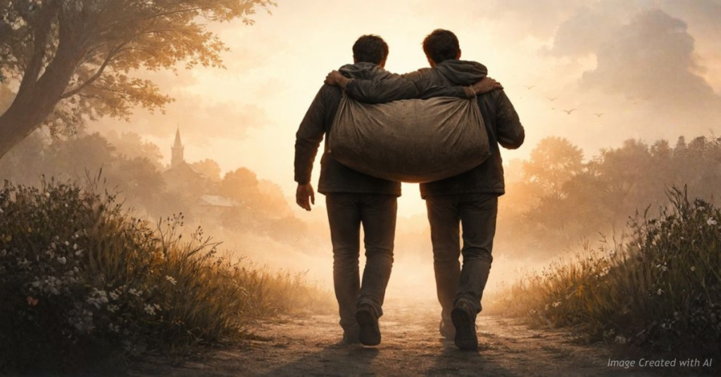 Believers carrying a shared burden together, symbolizing unity through service