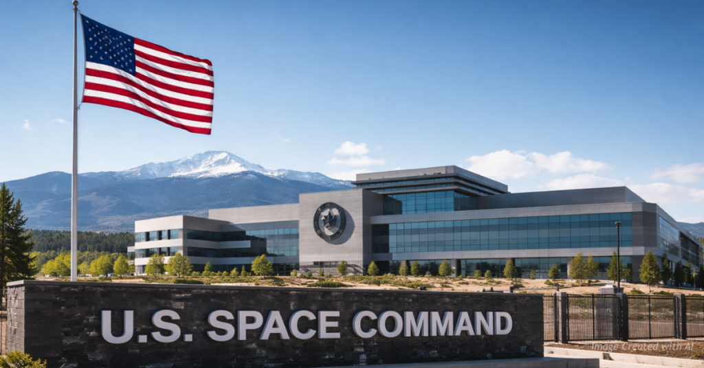 “U.S. Space Command facility in Colorado Springs with American flag flying.”