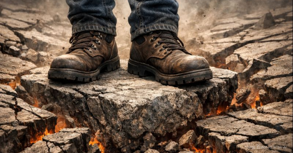 Firm footing on rock amid shifting ground representing truth versus relativism