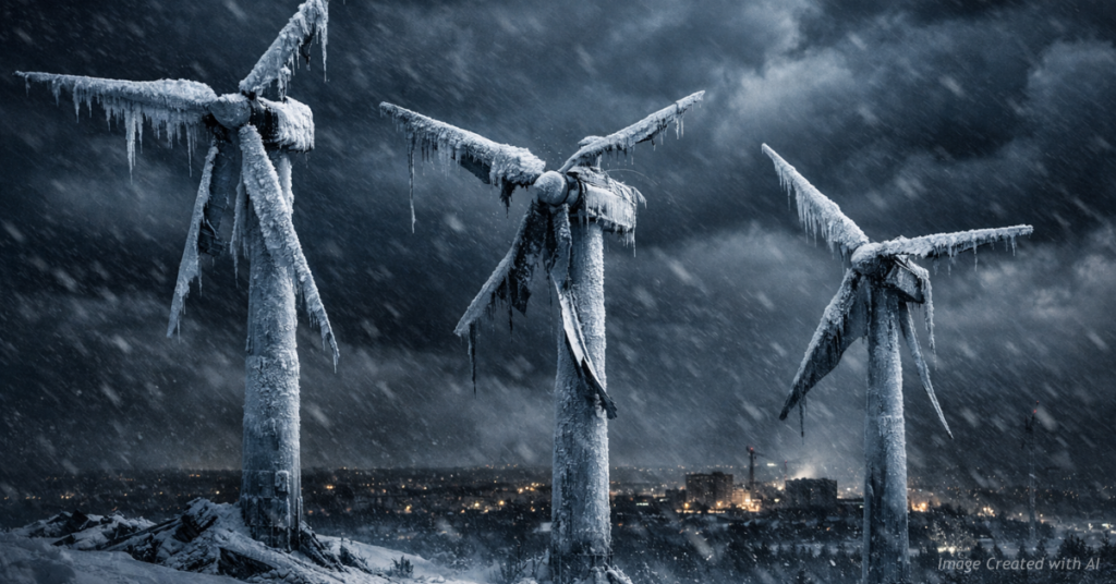 Damaged wind turbines frozen and broken during Winter Storm Fern above a darkened city.