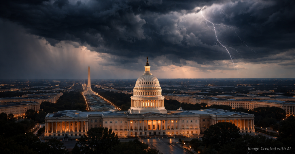 Storm clouds and faint lightning loom over the U.S. Capitol as Congress faces a possible partial government shutdown.