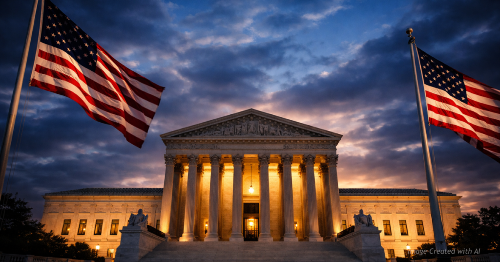 U.S. Supreme Court building at dusk with American flags, symbolizing judicial authority over election rules.