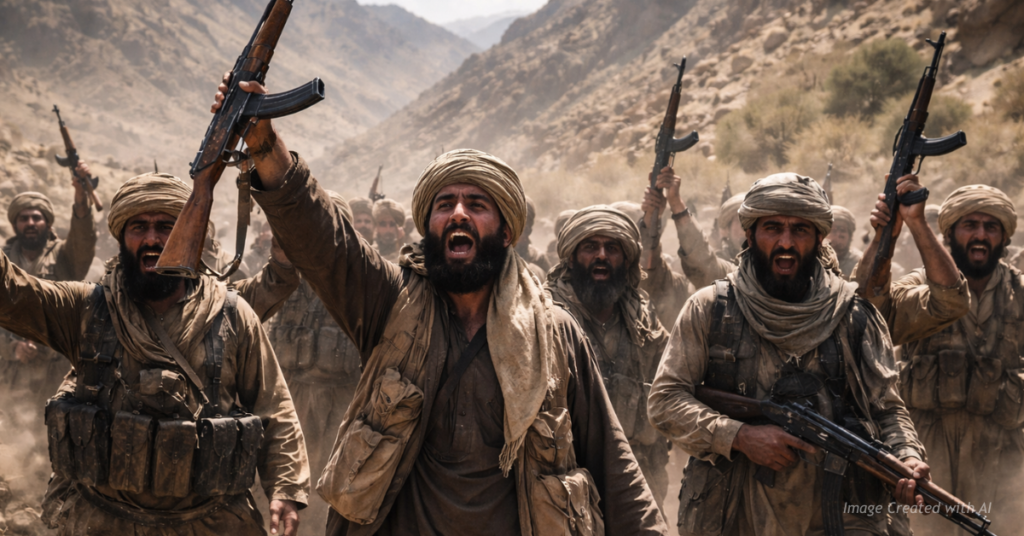 Taliban fighters armed with rifles celebrate in rugged Afghan desert terrain following a battlefield victory.