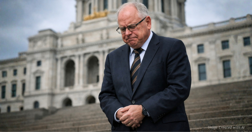 Minnesota Gov. Tim Walz appears tense while standing on the steps of the State Capitol in St. Paul.