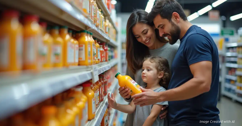 Parents review food labels with child in grocery store as federal health and chemical policies shift