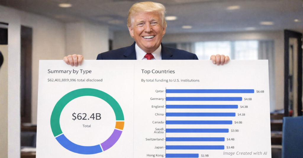 President Donald Trump smiles while holding a chart showing foreign government funding to U.S. universities totaling $62.4 billion.