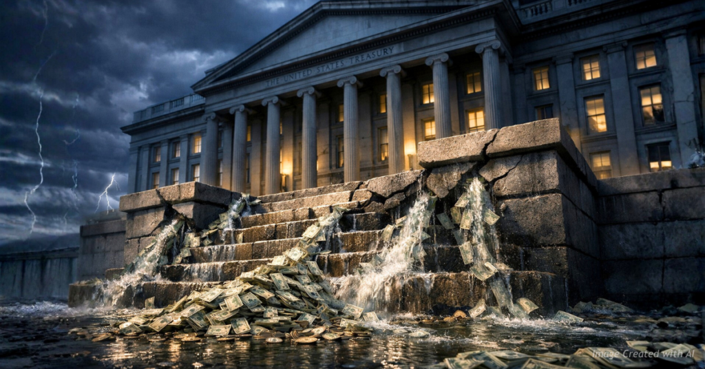 US Treasury building leaking taxpayer money, symbolizing massive federal fraud and budget losses.