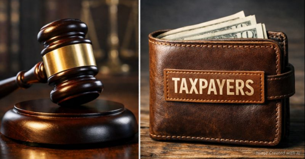 Gavel and taxpayer wallet symbolizing the financial cost of state lawsuits