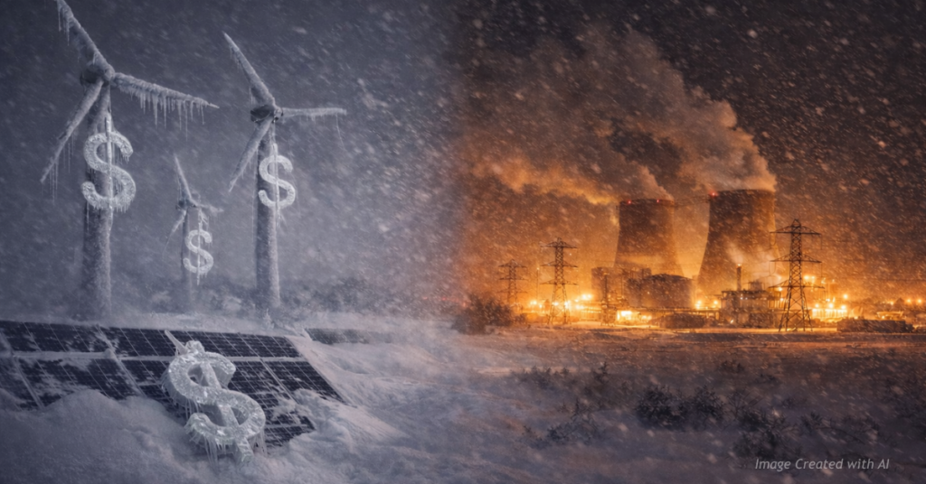 Frozen dollar signs hang from wind turbines and slide off snow-covered solar panels during a New England winter storm.