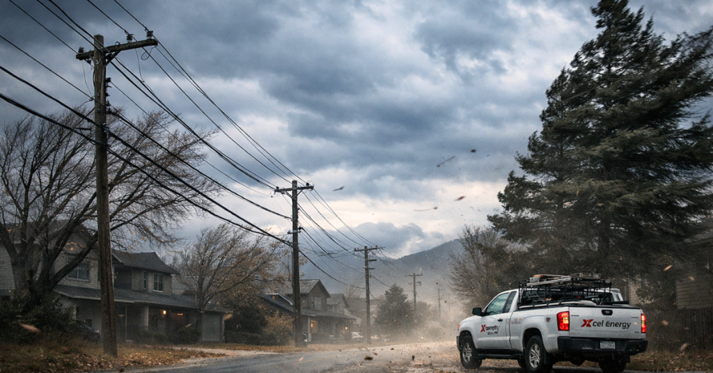Power lines and trees bend in extreme wind as an Xcel Energy truck sits parked in a suburban Colorado neighborhood.