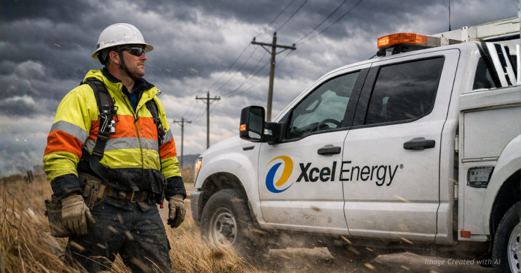 Xcel Energy utility crew stands ready beside branded truck as extreme winds impact Northern Colorado.