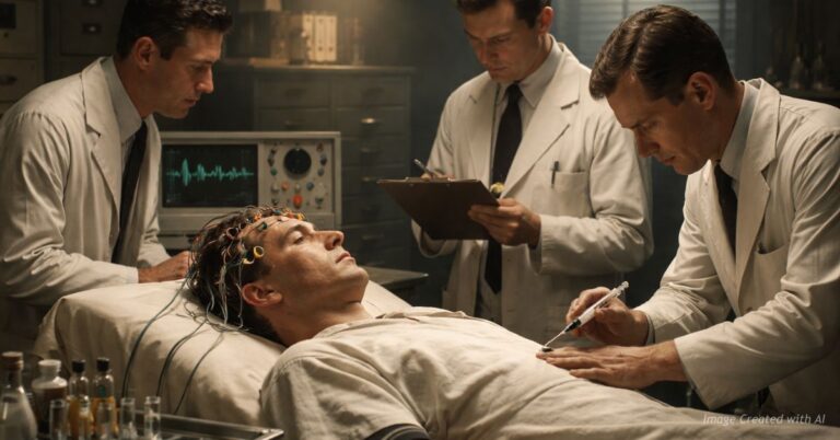 1950s lab technicians conducting Cold War experiment on patient with head sensors